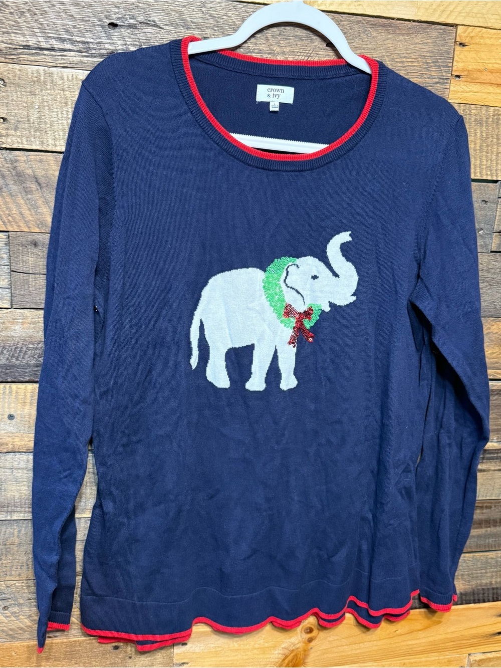Crown & Ivy Womens Large Blue Red Elephant Christmas Sequin Sweater